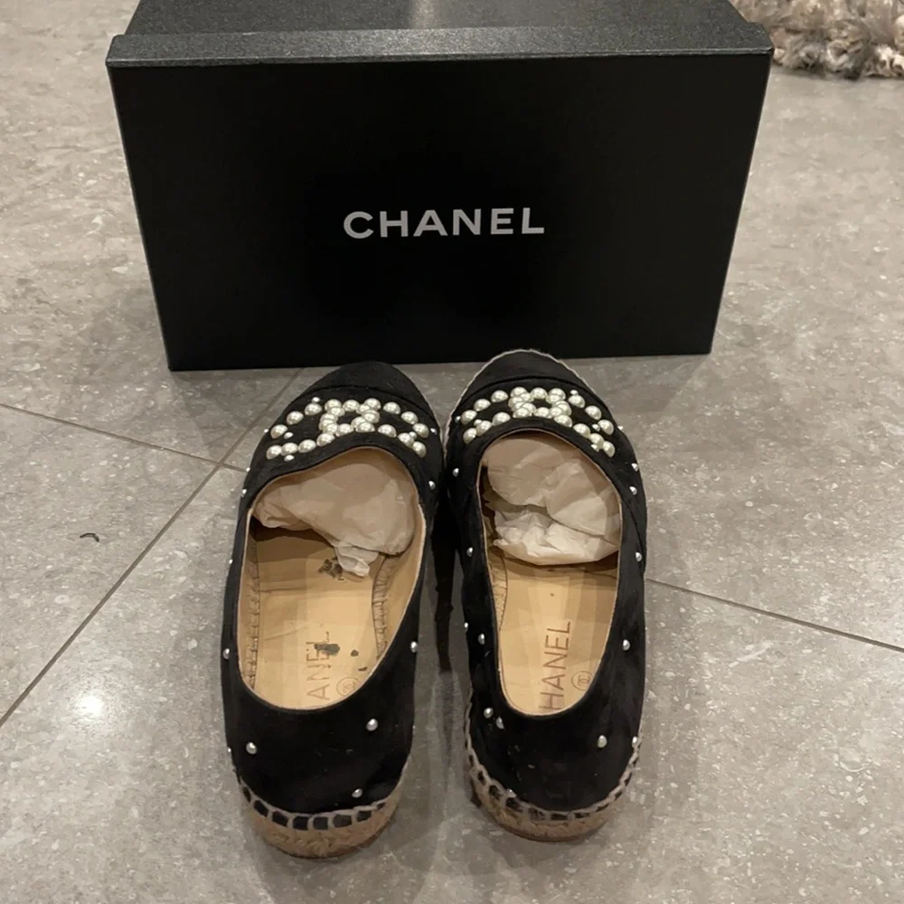Chanel black espadrilles with pearls